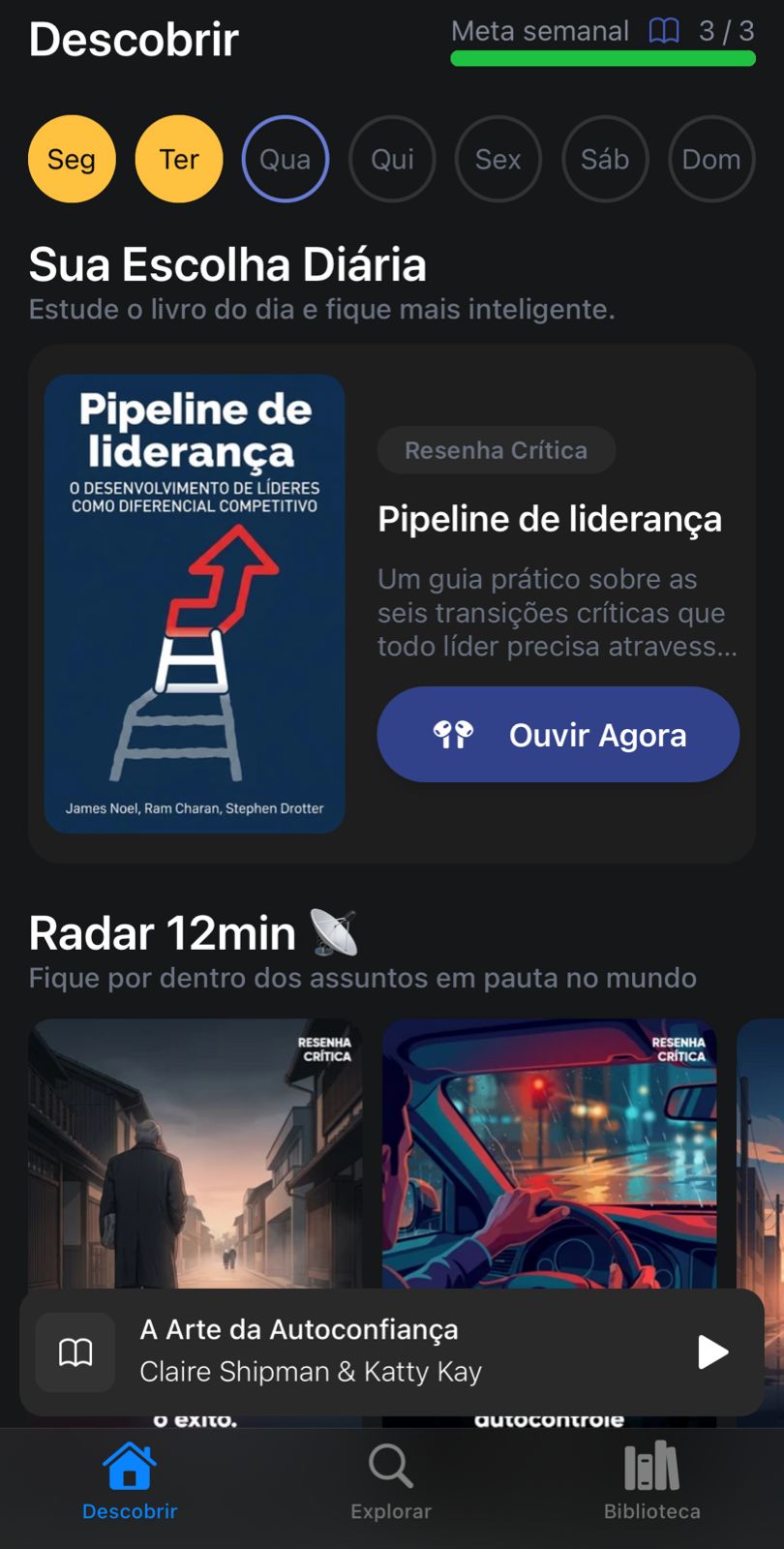 Interface do aplicativo 12min mostrando a tela Descobrir com microbook do dia.